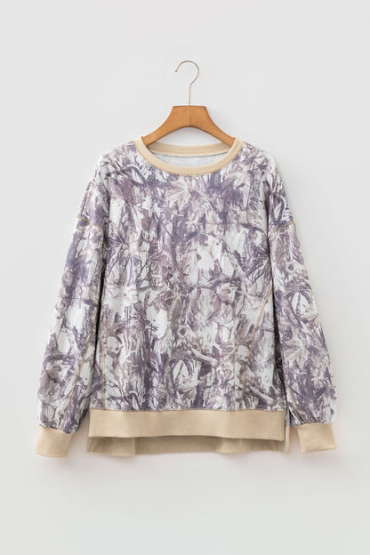 Khaki Abstract Camo Print Colorblock Trim Side Split Tunic Sweatshirt