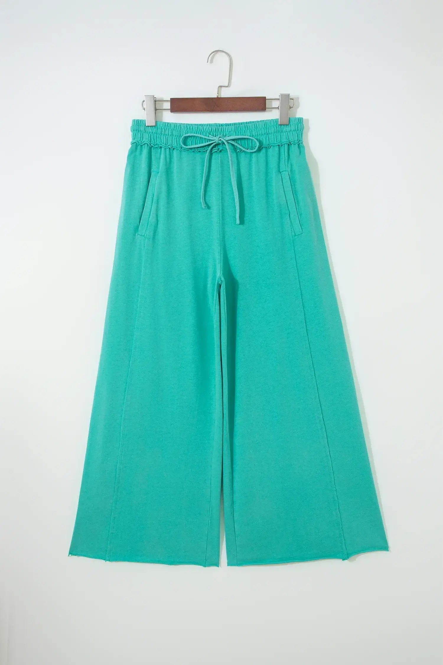 Sea Green Mineral Wash Drawstring Elastic Waist Raw Hem Loose Pants - Sweet Fashion Wholesale