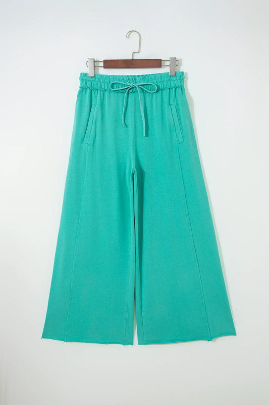 Sea Green Mineral Wash Drawstring Elastic Waist Raw Hem Loose Pants - Sweet Fashion Wholesale