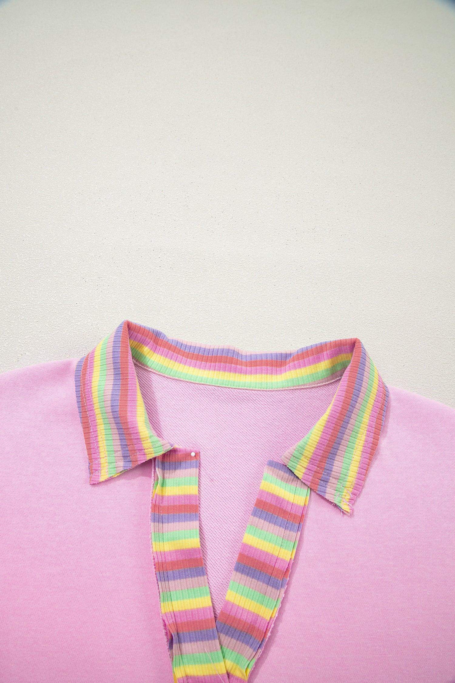Pink Rainbow Stripe Ribbed Patchwork Raw Seam Oversize Polo Tee - Sweet Fashion Wholesale