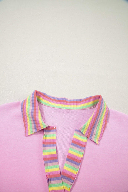 Pink Rainbow Stripe Ribbed Patchwork Raw Seam Oversize Polo Tee - Sweet Fashion Wholesale