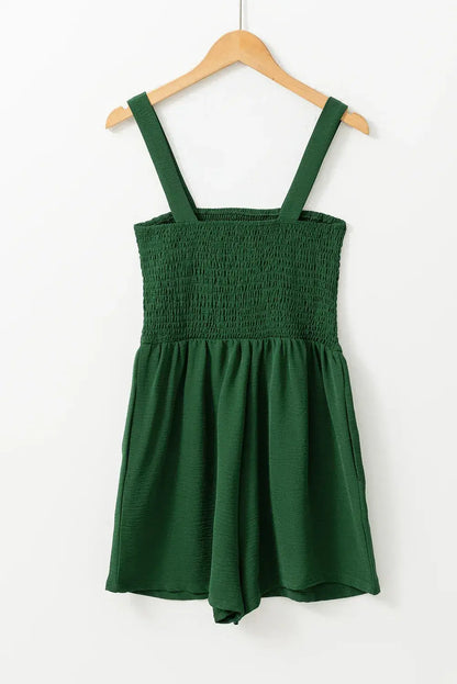 Green Casual Pocketed Smocked Sleeveless Romper - Sweet Fashion Wholesale
