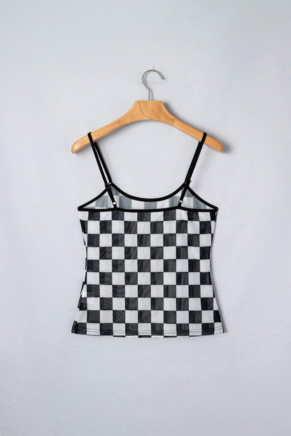Black Sheer Checkered Print Spaghetti Straps Slim Tank Top