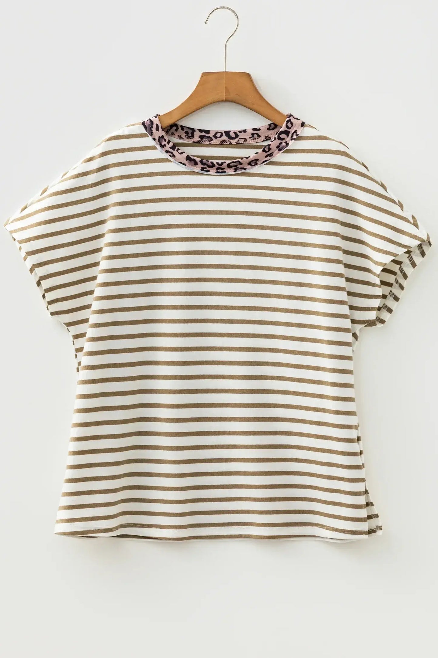Khaki Stripe Leopard Patchwork Round Neck Loose T Shirt - Sweet Fashion Wholesale