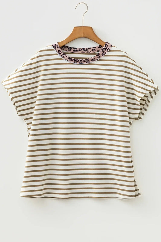 Khaki Stripe Leopard Patchwork Round Neck Loose T Shirt - Sweet Fashion Wholesale
