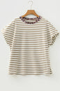 Khaki Stripe Leopard Patchwork Round Neck Loose T Shirt - Sweet Fashion Wholesale