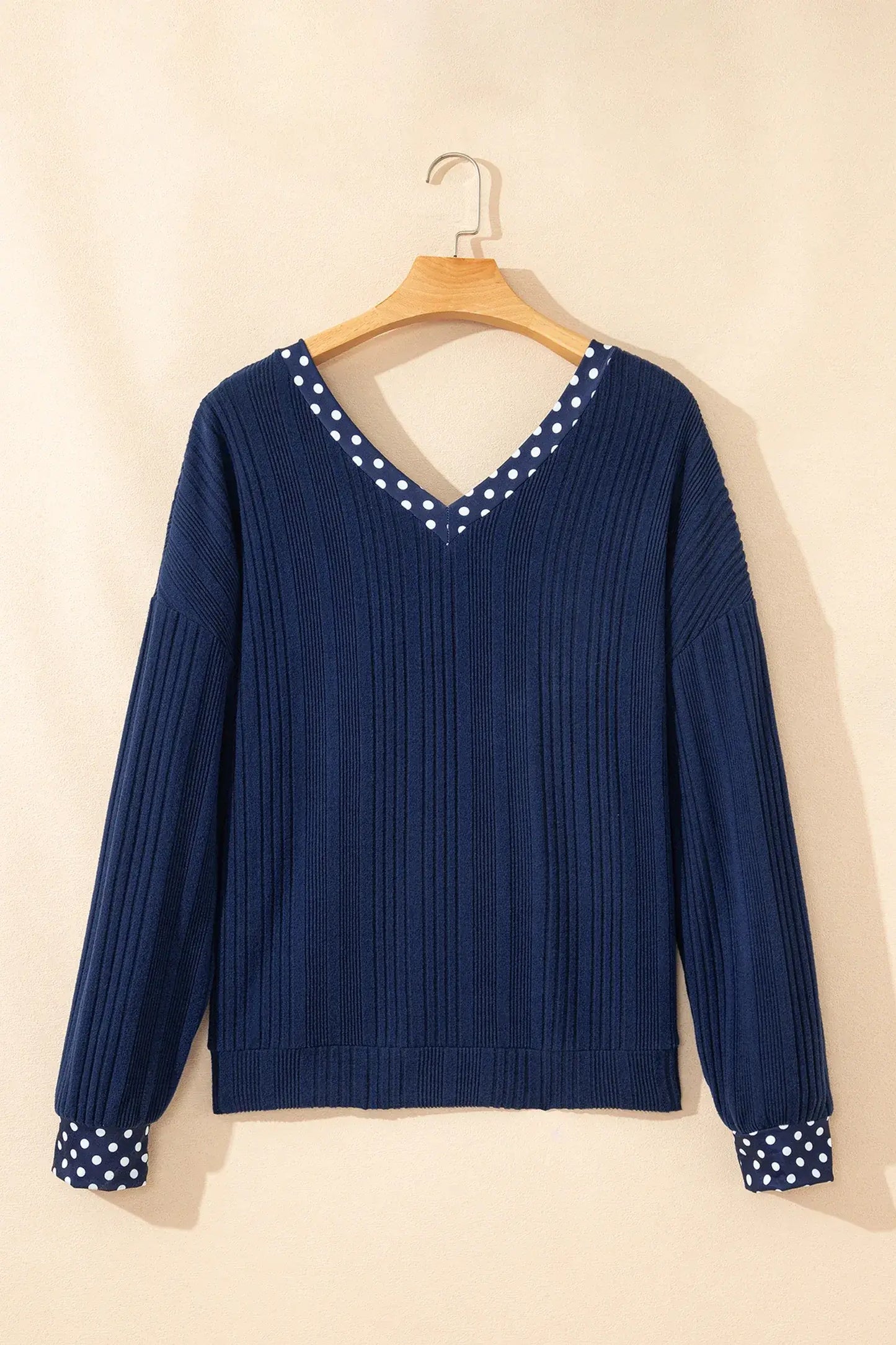 Dirty blue Polka Dot Trimmed V Neck Bow Tie Textured Ribbed Top - Sweet Fashion Wholesale