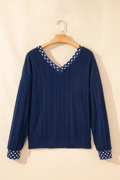 Dirty blue Polka Dot Trimmed V Neck Bow Tie Textured Ribbed Top - Sweet Fashion Wholesale