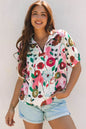 Peacock Blue Floral Print Slit V Neck Short Sleeve Blouse