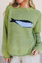 Meadow Mist Green Unique Fish Knit Oversized Round Neck Sweater