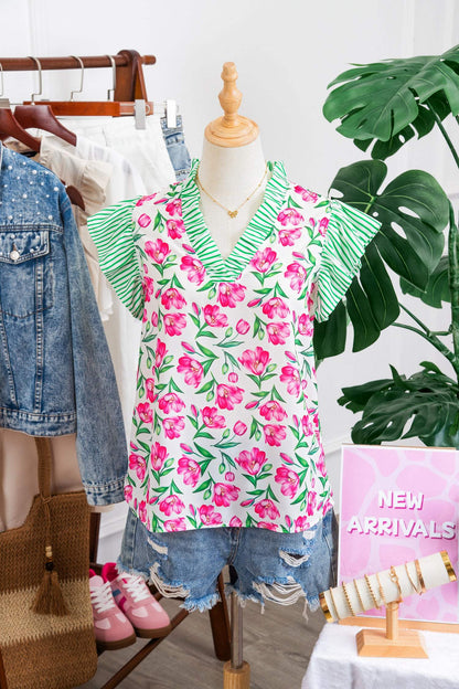 Multicolour Sweet Floral Print Striped Ruffle Trim V Neck Blouse
