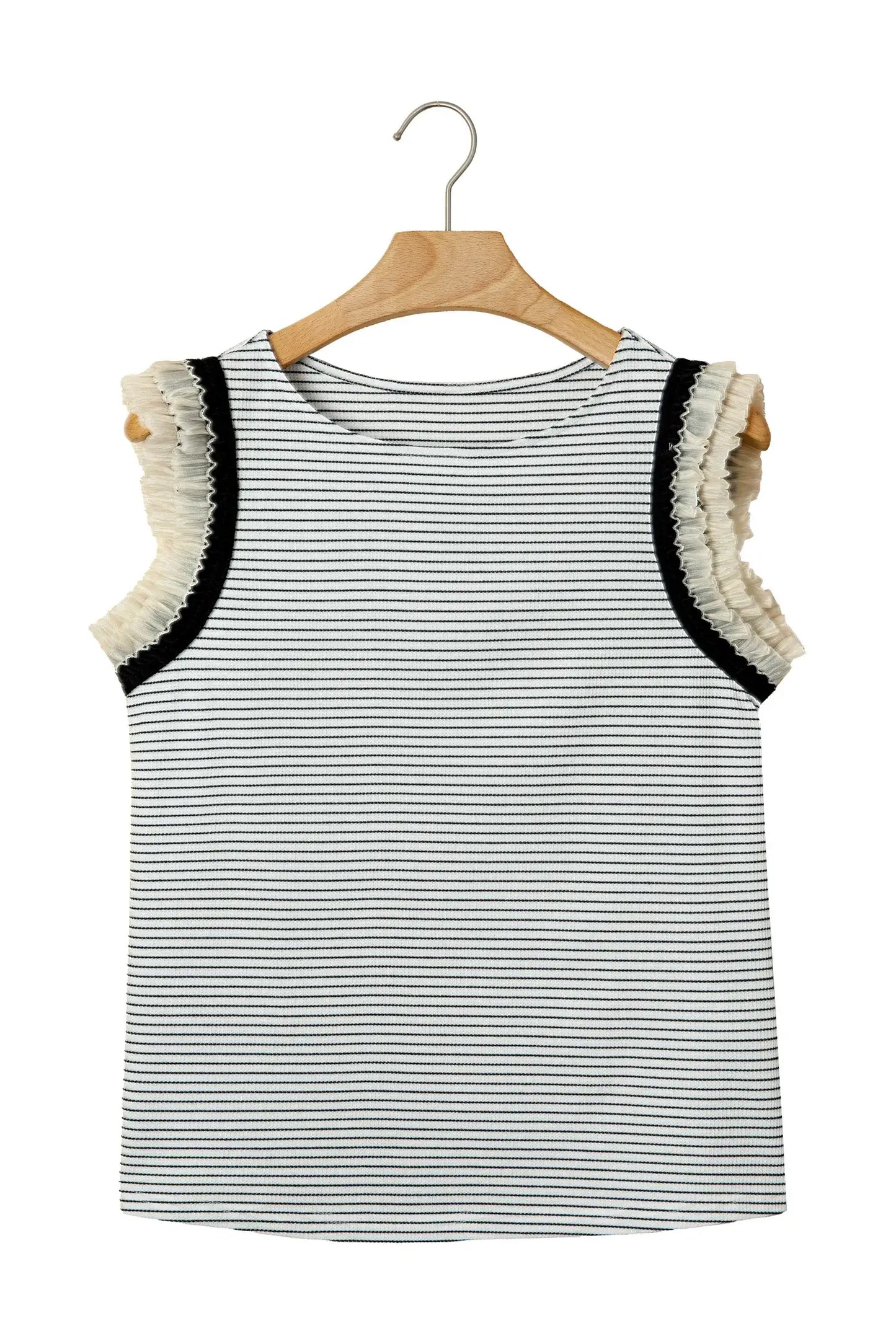 Black Stripe Contrasted Ruffle Trim Casual Tank Top - Sweet Fashion Wholesale
