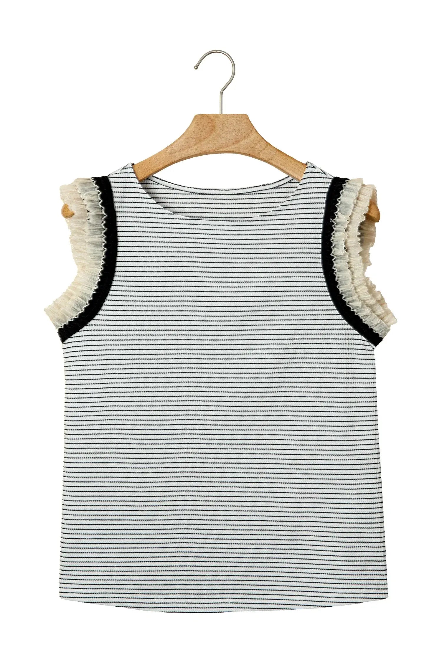 Black Stripe Contrasted Ruffle Trim Casual Tank Top - Sweet Fashion Wholesale