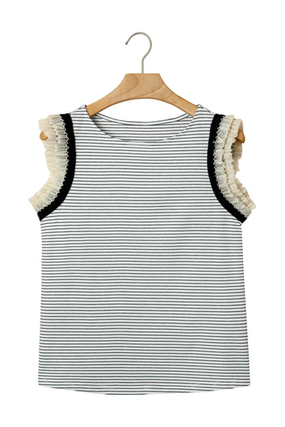 Black Stripe Contrasted Ruffle Trim Casual Tank Top - Sweet Fashion Wholesale