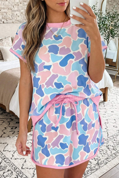 Pink Camouflage Print Contrast Trim Athletic Skort Set
