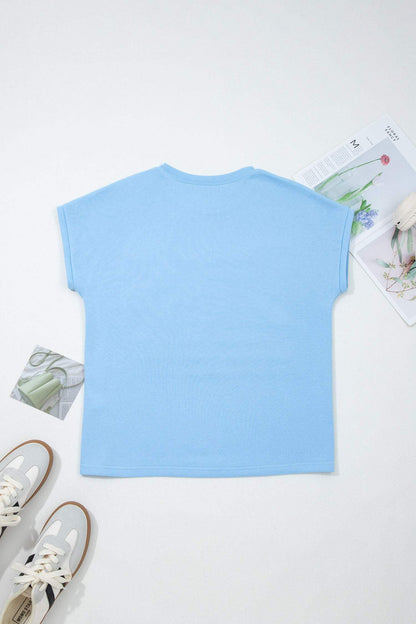 Mist Blue USA Flag Textured Patchwork Cap Sleeve Tee