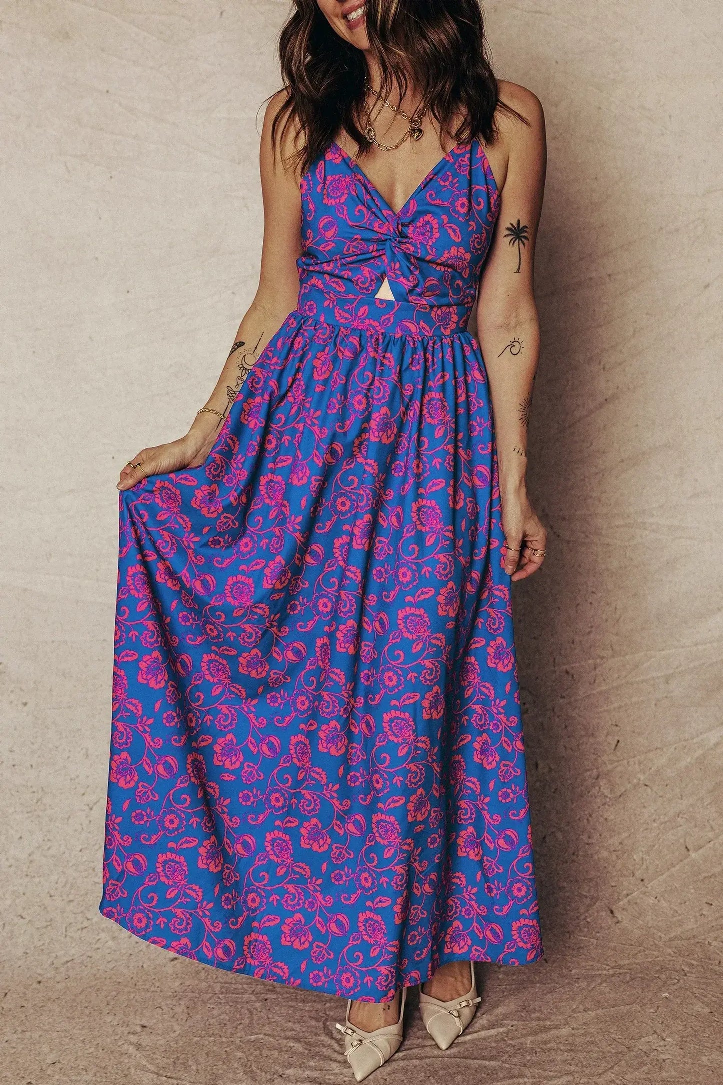 Blue Floral Print Twisted V Neck Tied Backless Maxi Dress - Sweet Fashion Wholesale