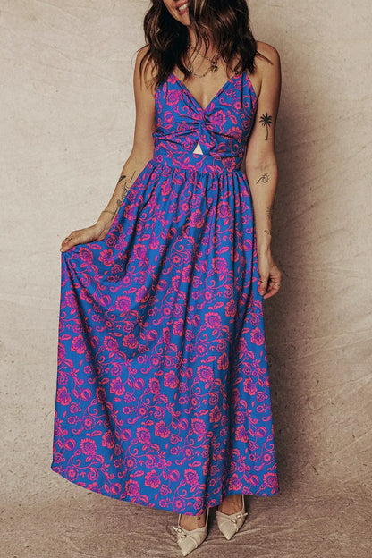 Blue Floral Print Twisted V Neck Tied Backless Maxi Dress - Sweet Fashion Wholesale
