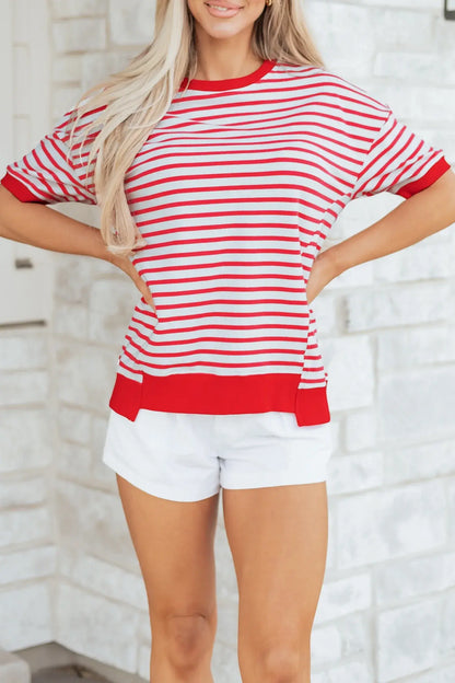 Red Stripe Drop Shoulder Half Sleeve T Shirt - Sweet Fashion Wholesale