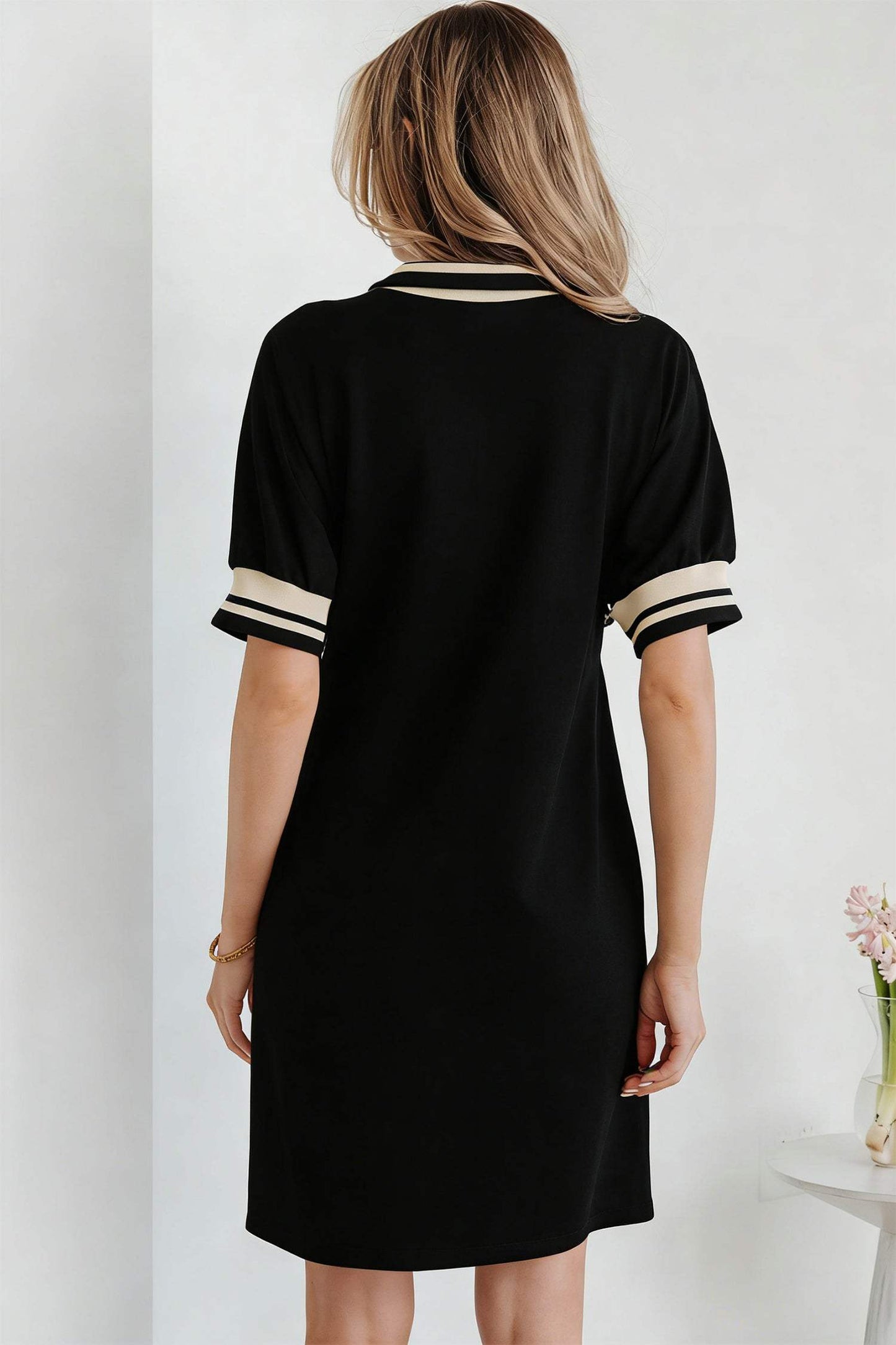 Black Striped Webbing Trim Preppy Polo Tee Dress