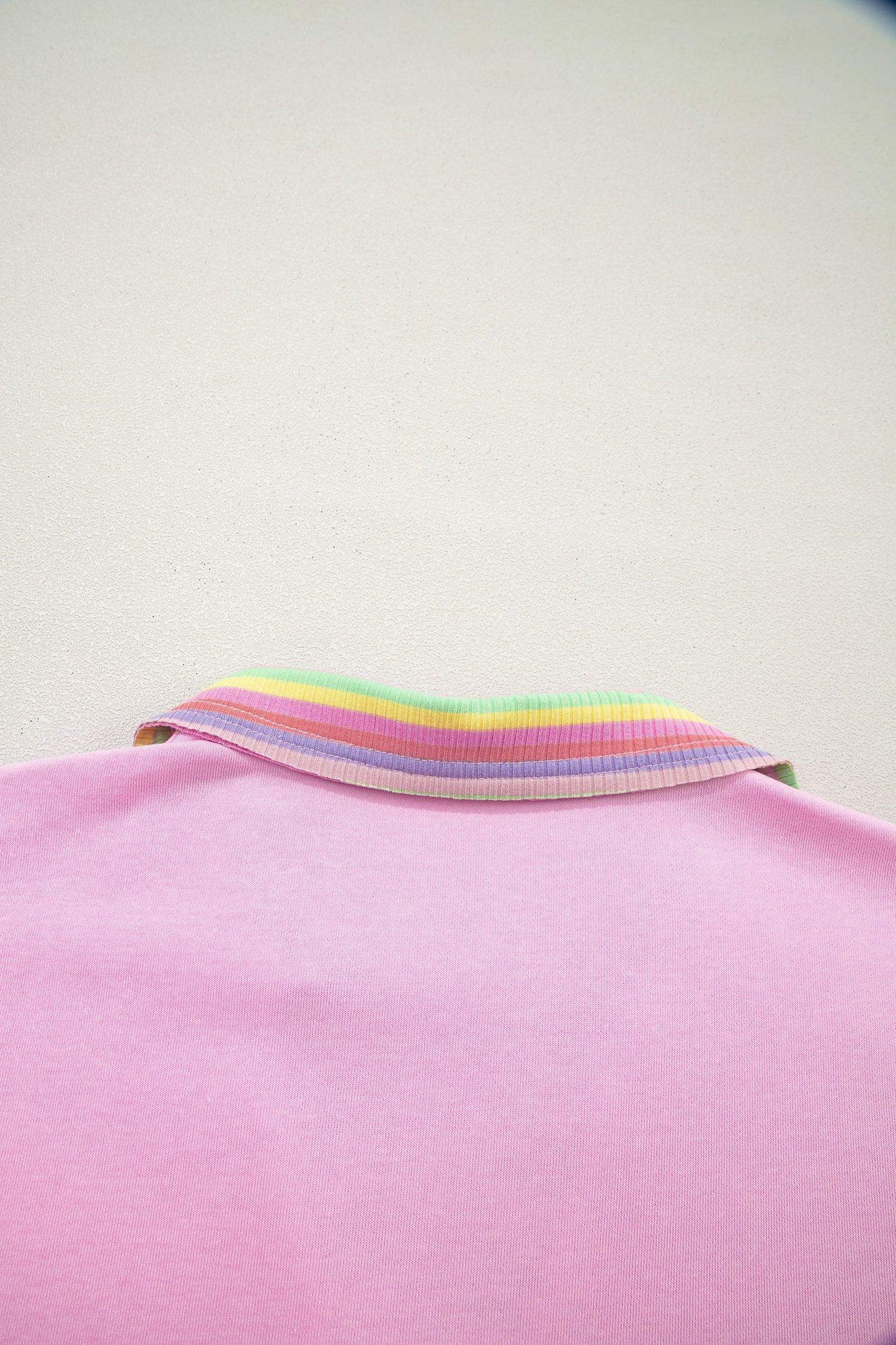 Pink Rainbow Stripe Ribbed Patchwork Raw Seam Oversize Polo Tee - Sweet Fashion Wholesale