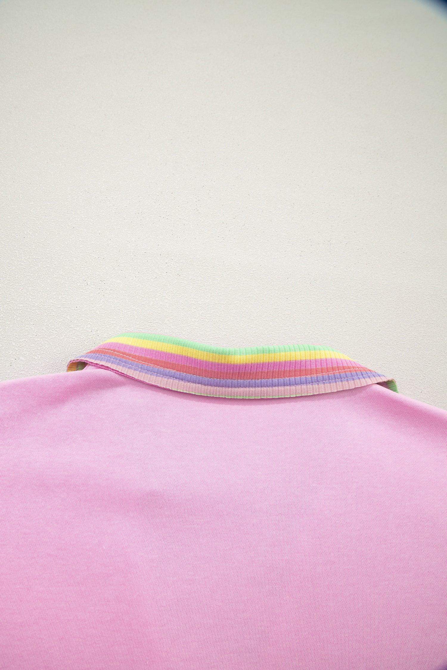 Pink Rainbow Stripe Ribbed Patchwork Raw Seam Oversize Polo Tee - Sweet Fashion Wholesale