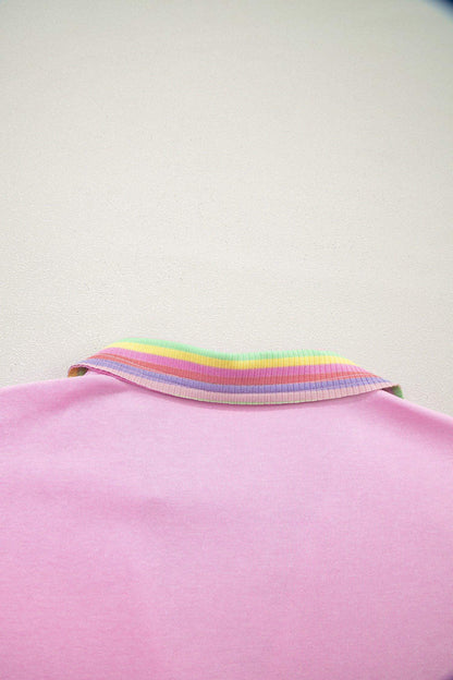 Pink Rainbow Stripe Ribbed Patchwork Raw Seam Oversize Polo Tee - Sweet Fashion Wholesale