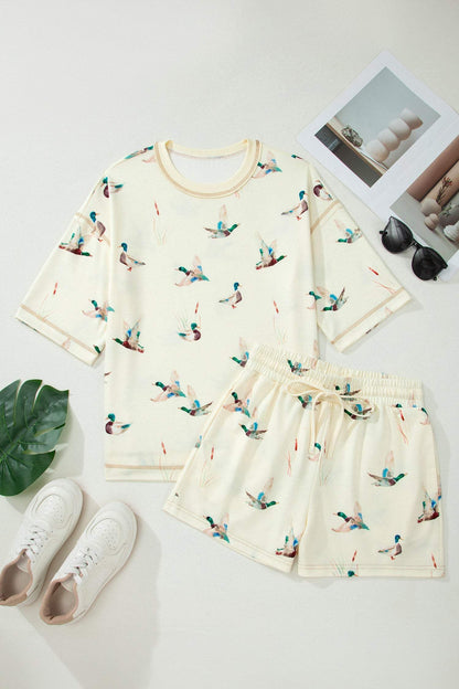 Beige Mallard Duck Print Oversized Tee Drawstring Short Set