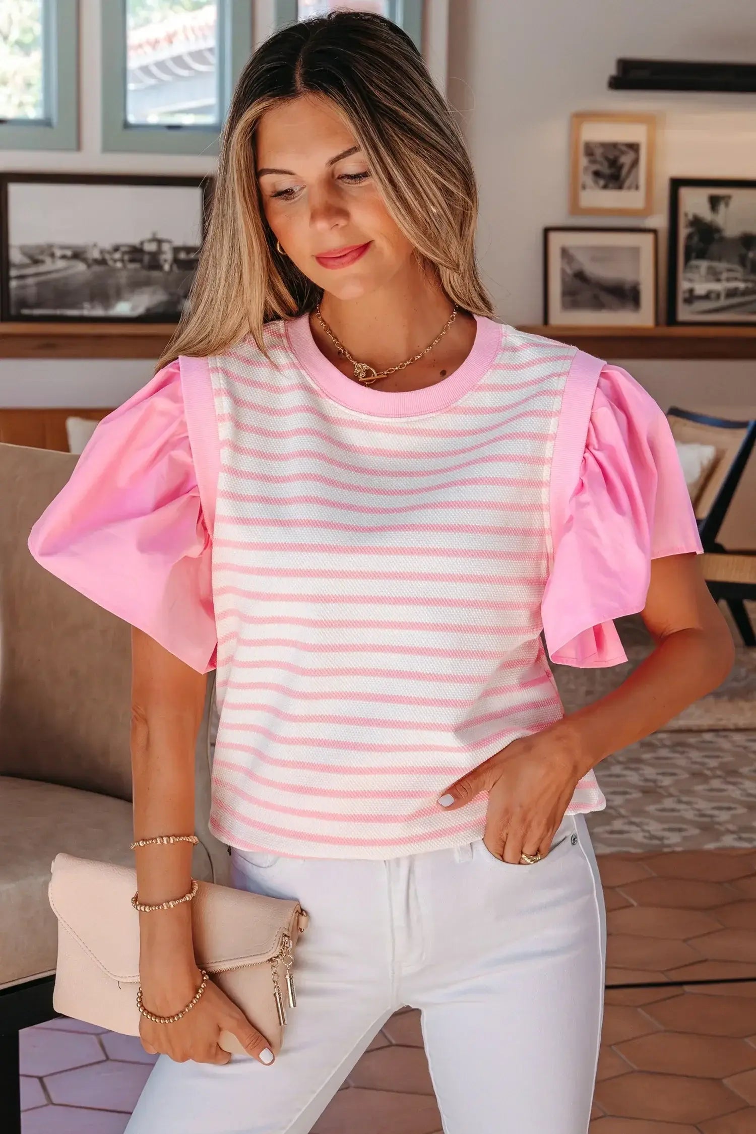 Pink Stripe Ruffled Short Sleeve Patchwork Blouse - Sweet Fashion Wholesale