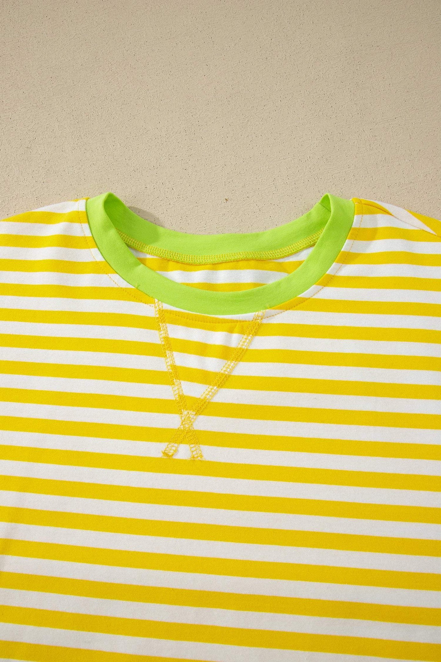 Yellow Stripe Contrast Neck Loose Tee and Drawstring Shorts Set