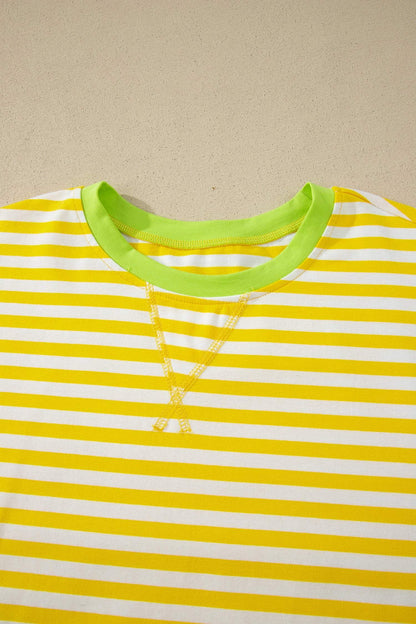 Yellow Stripe Contrast Neck Loose Tee and Drawstring Shorts Set