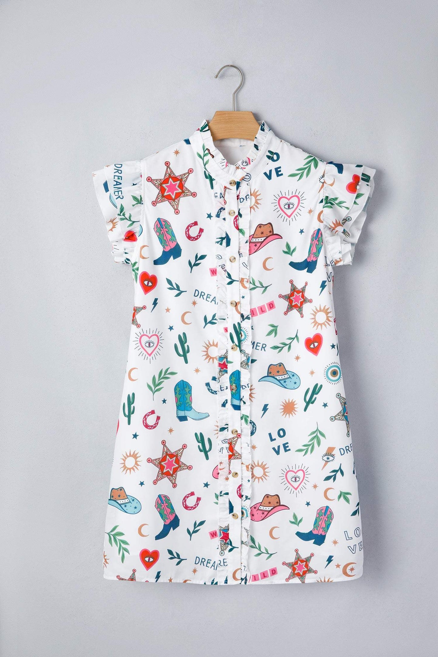White Western Print Flutter Sleeve Button Down Mini Dress