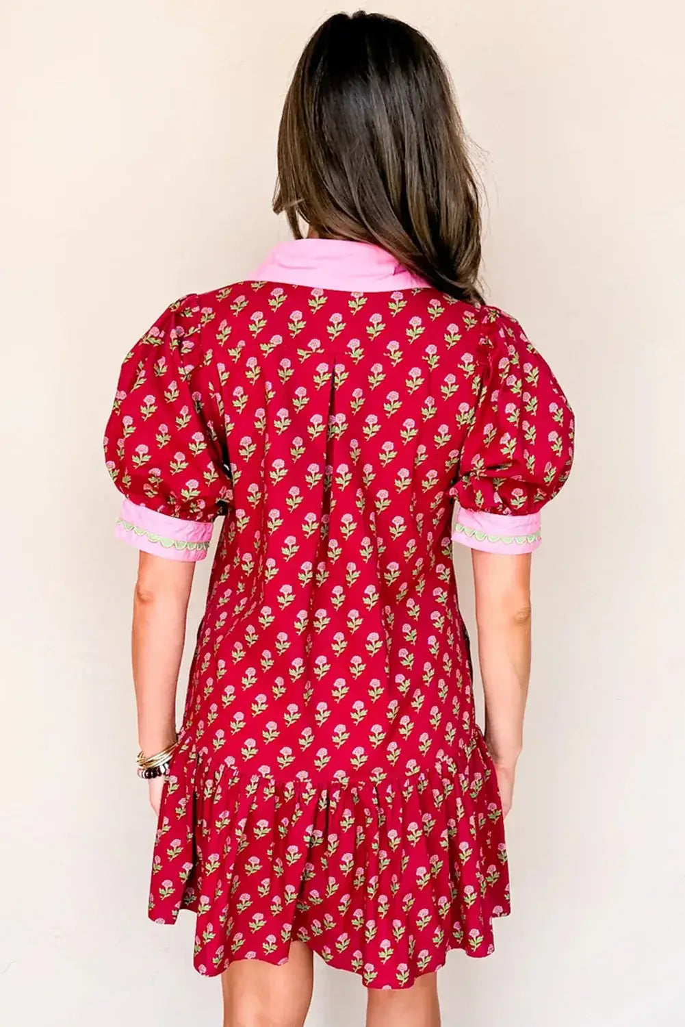 Red Floral Print Contrasted V Neck Short Bubble Sleeve Mini Dress - Sweet Fashion Wholesale