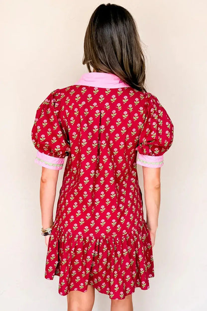 Red Floral Print Contrasted V Neck Short Bubble Sleeve Mini Dress - Sweet Fashion Wholesale