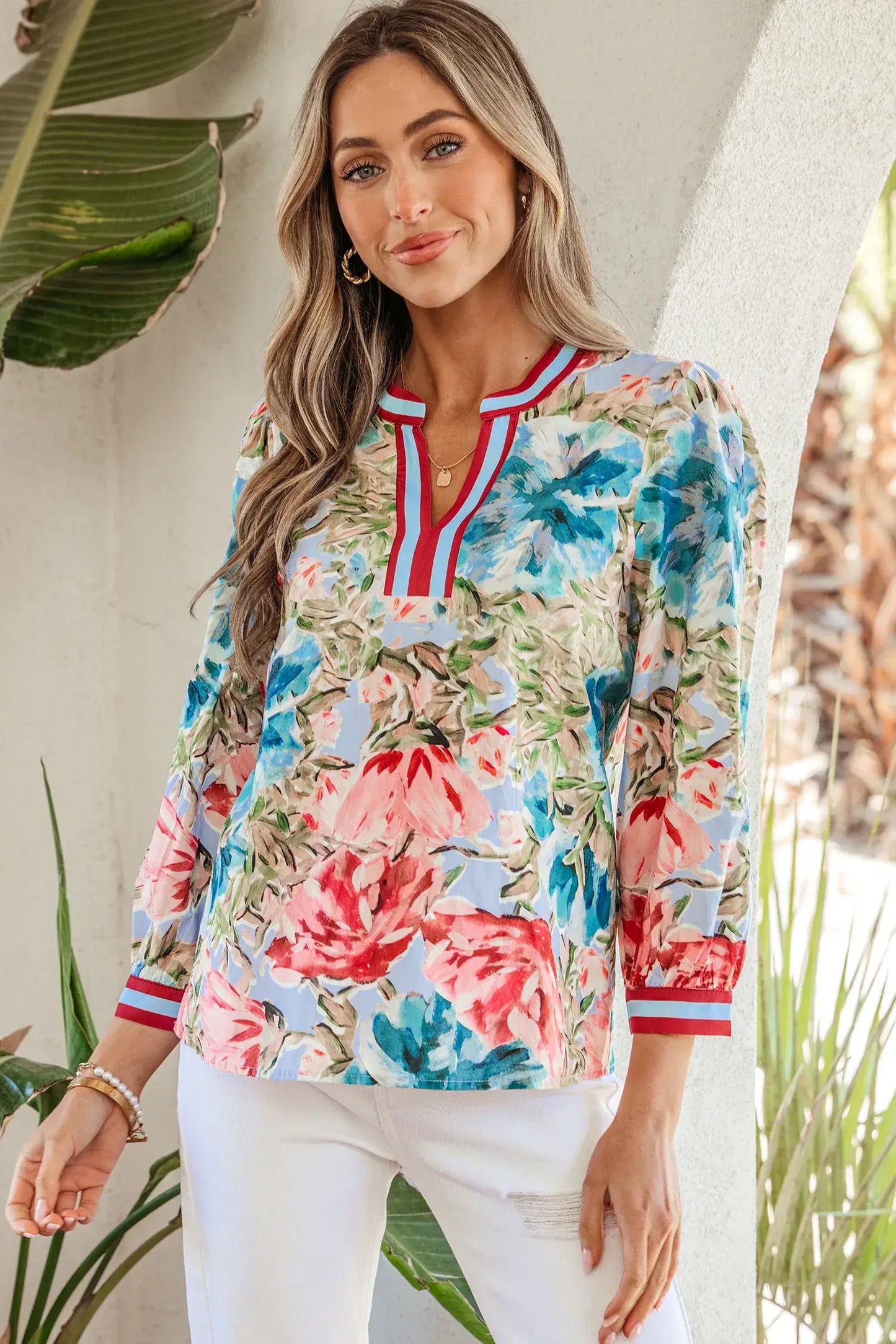 Sky Blue Contrast Trim V Neck Cuffed Bracelet Sleeve Floral Blouse - Sweet Fashion Wholesale