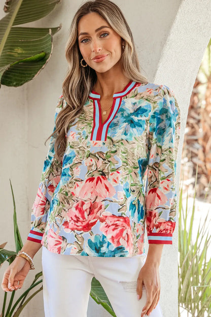 Sky Blue Contrast Trim V Neck Cuffed Bracelet Sleeve Floral Blouse - Sweet Fashion Wholesale
