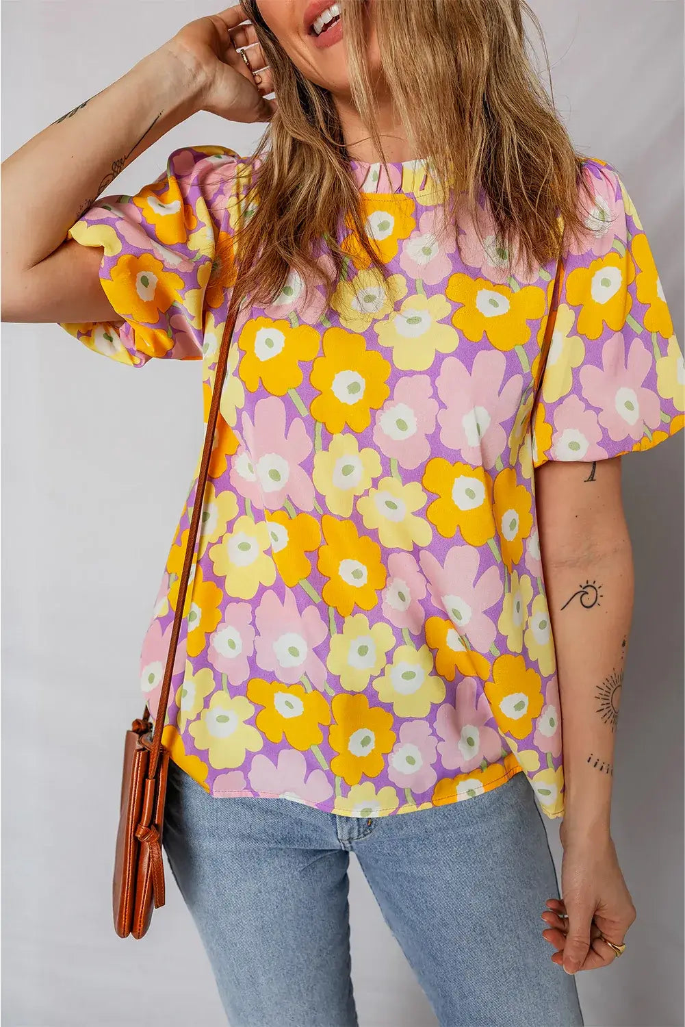 Purple Frilled Neck Puff Short Sleeve Flower Top - Sweet Fashion Wholesale