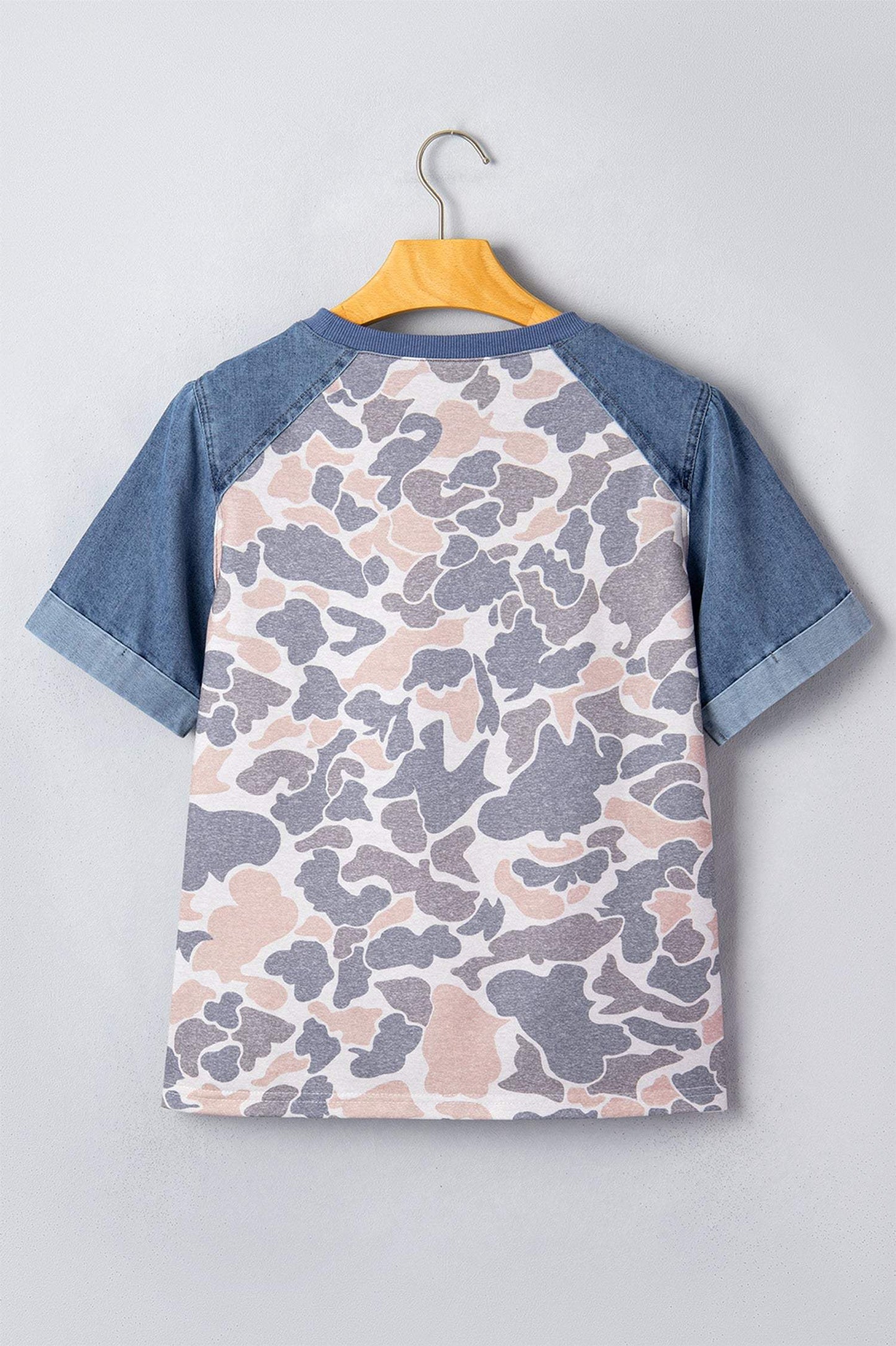 Multicolour Camouflage Print Denim Color Block Sleeve Casual Tee