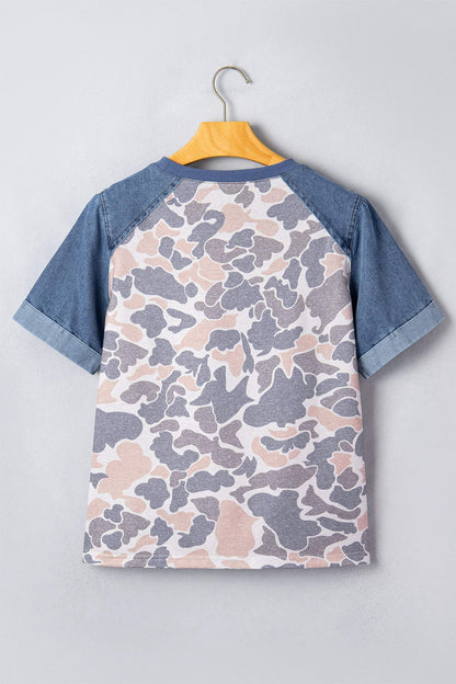 Multicolour Camouflage Print Denim Color Block Sleeve Casual Tee