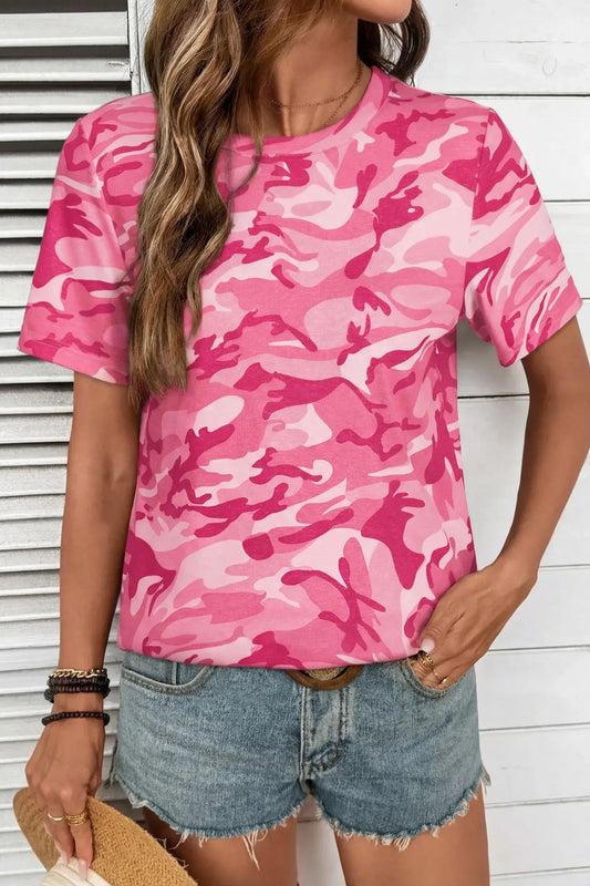 Pink Camouflage Print Crew Neck T Shirt - Sweet Fashion Wholesale