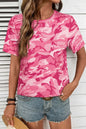 Pink Camouflage Print Crew Neck T Shirt - Sweet Fashion Wholesale