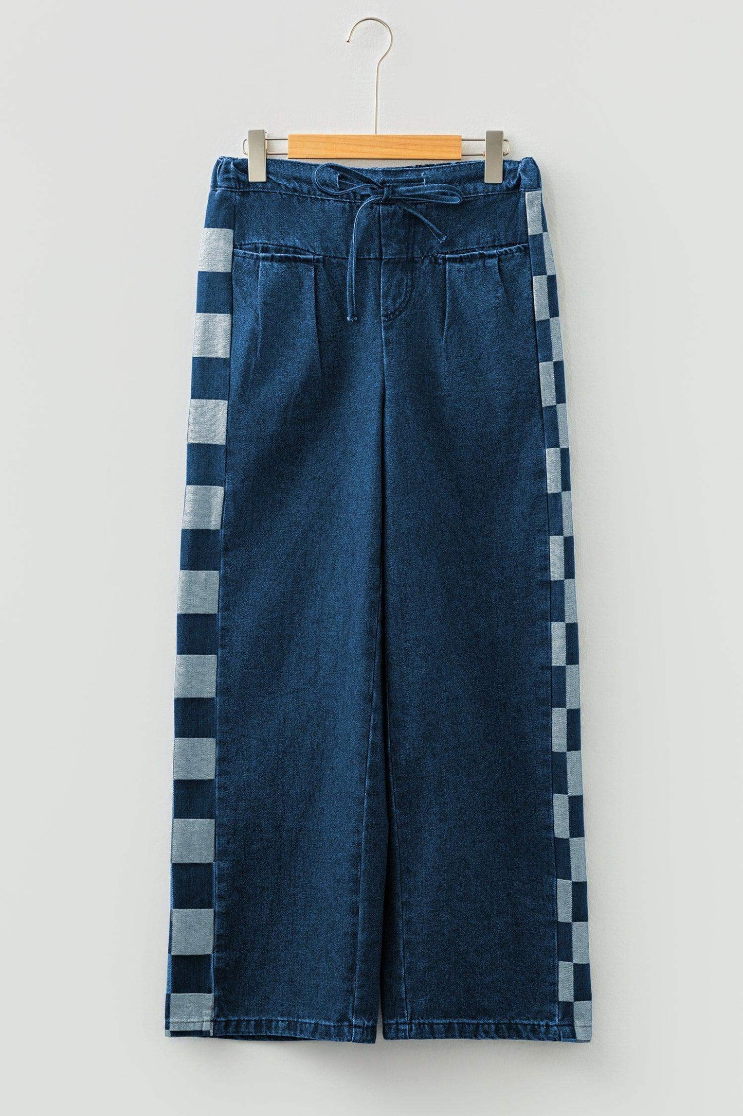 Sail Blue Checkered Side Panel Patchwork Drawstring Loose Denim Pants - Sweet Fashion Wholesale