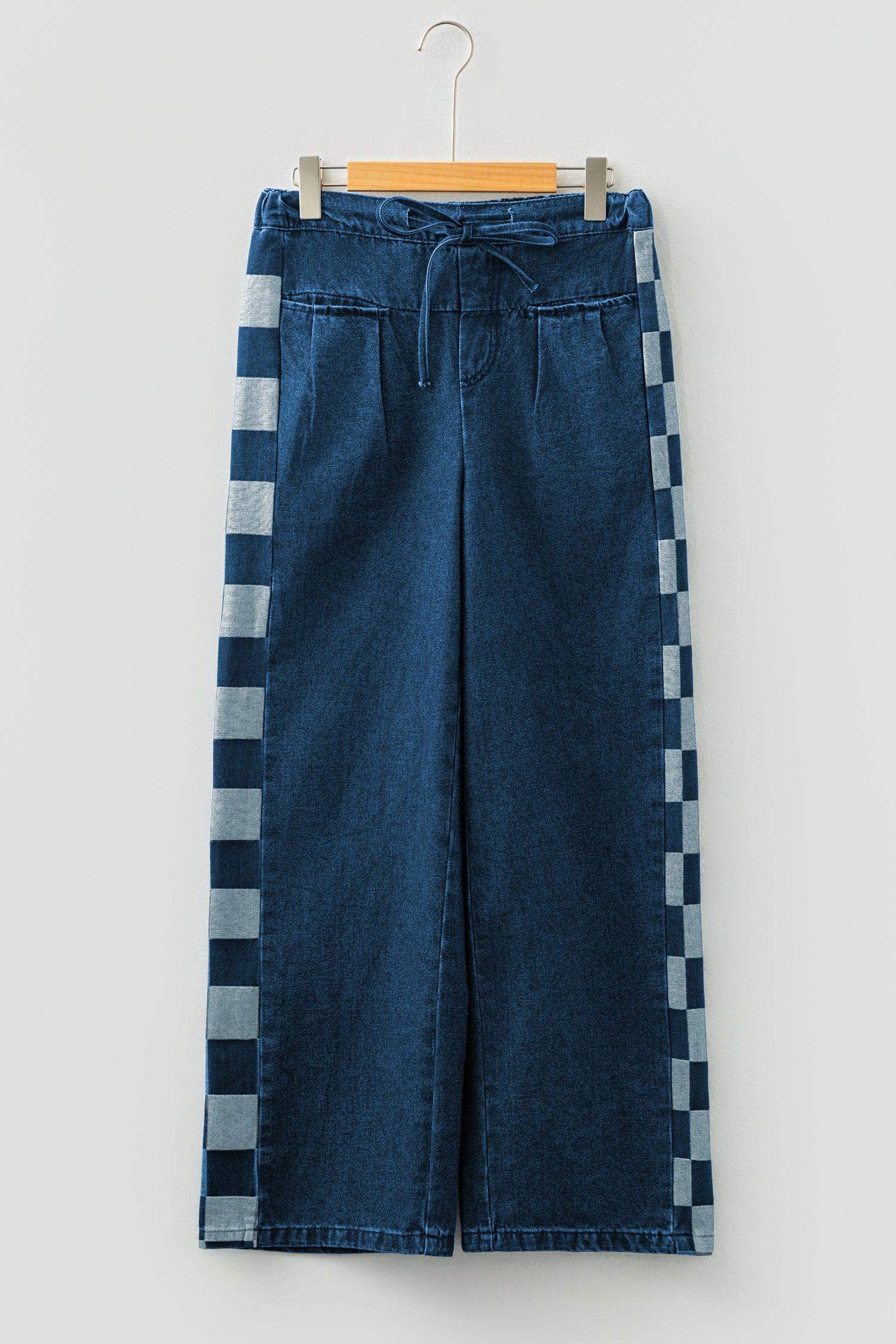 Sail Blue Checkered Side Panel Patchwork Drawstring Loose Denim Pants - Sweet Fashion Wholesale