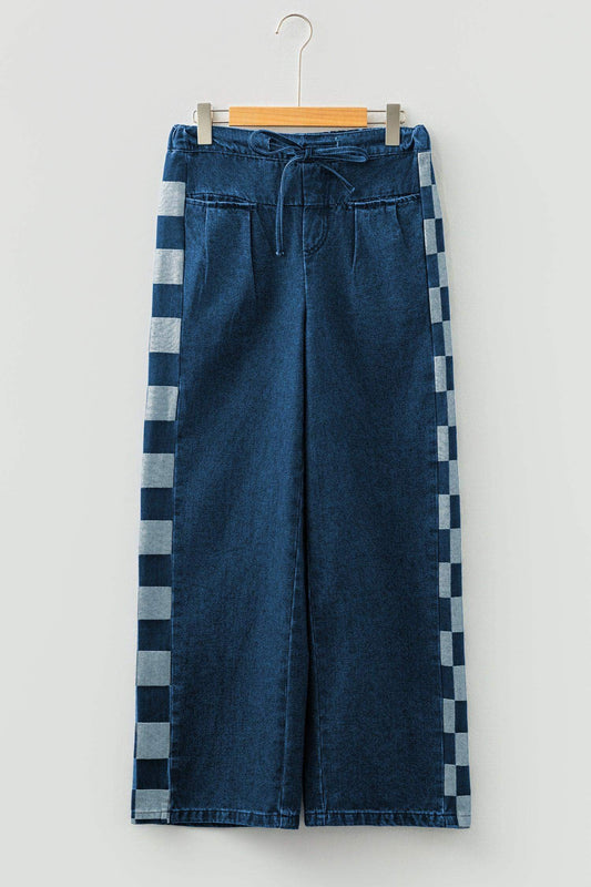Sail Blue Checkered Side Panel Patchwork Drawstring Loose Denim Pants - Sweet Fashion Wholesale