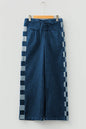 Sail Blue Checkered Side Panel Patchwork Drawstring Loose Denim Pants - Sweet Fashion Wholesale