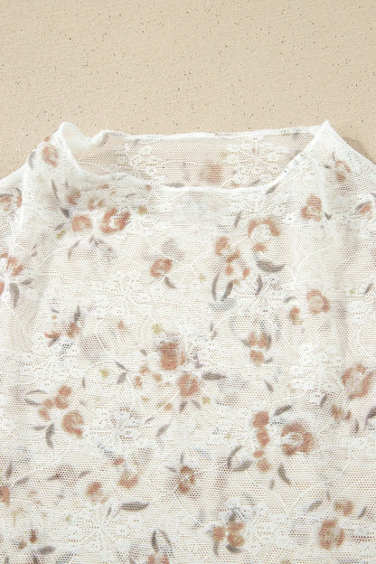 White Mock Neck Short Sleeve Floral Mesh Top - Sweet Fashion Wholesale