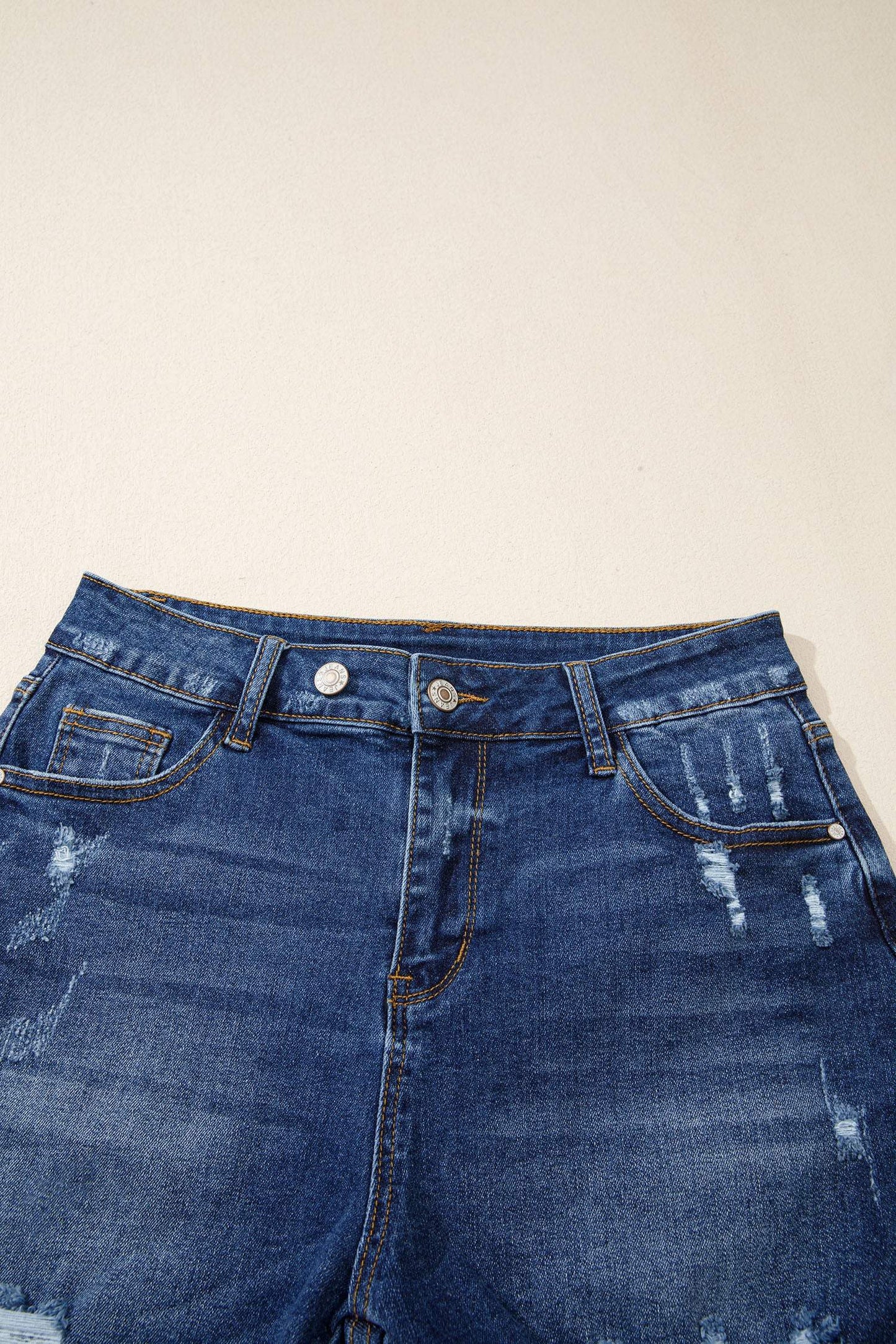 Sail Blue Asymmetric Raw Hem Distressed Whiskery Denim Shorts