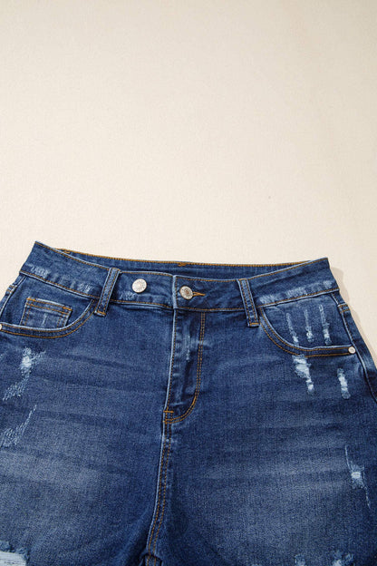 Sail Blue Asymmetric Raw Hem Distressed Whiskery Denim Shorts