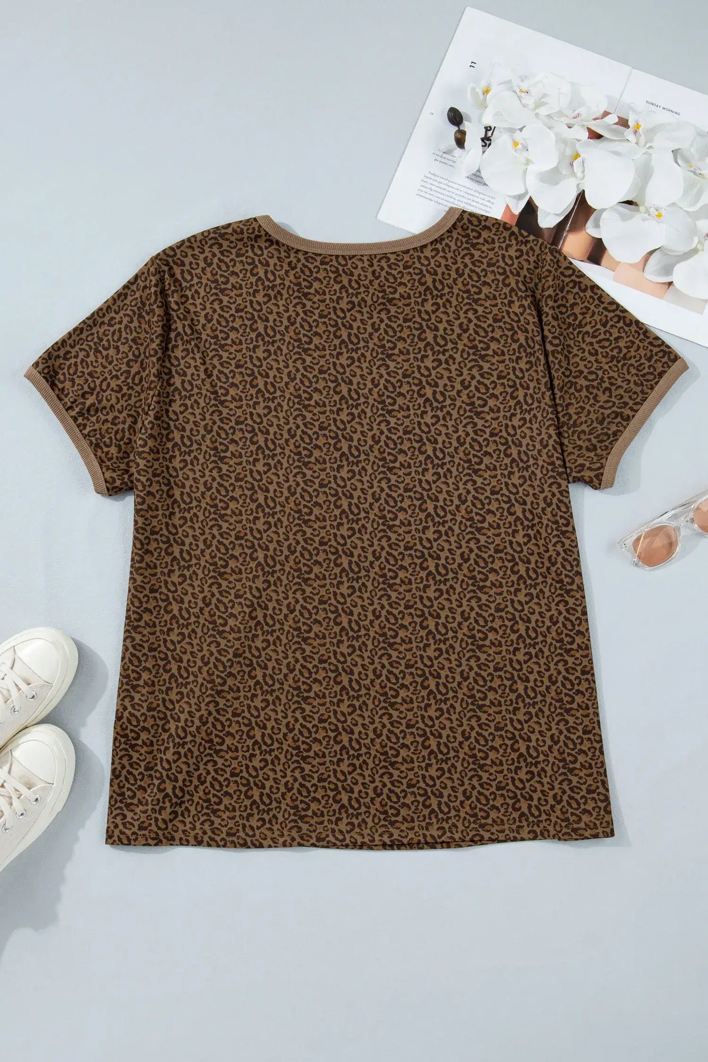 Khaki Plus Size Leopard Print Ribbed Trim Round Neck Tee - Sweet Fashion Wholesale