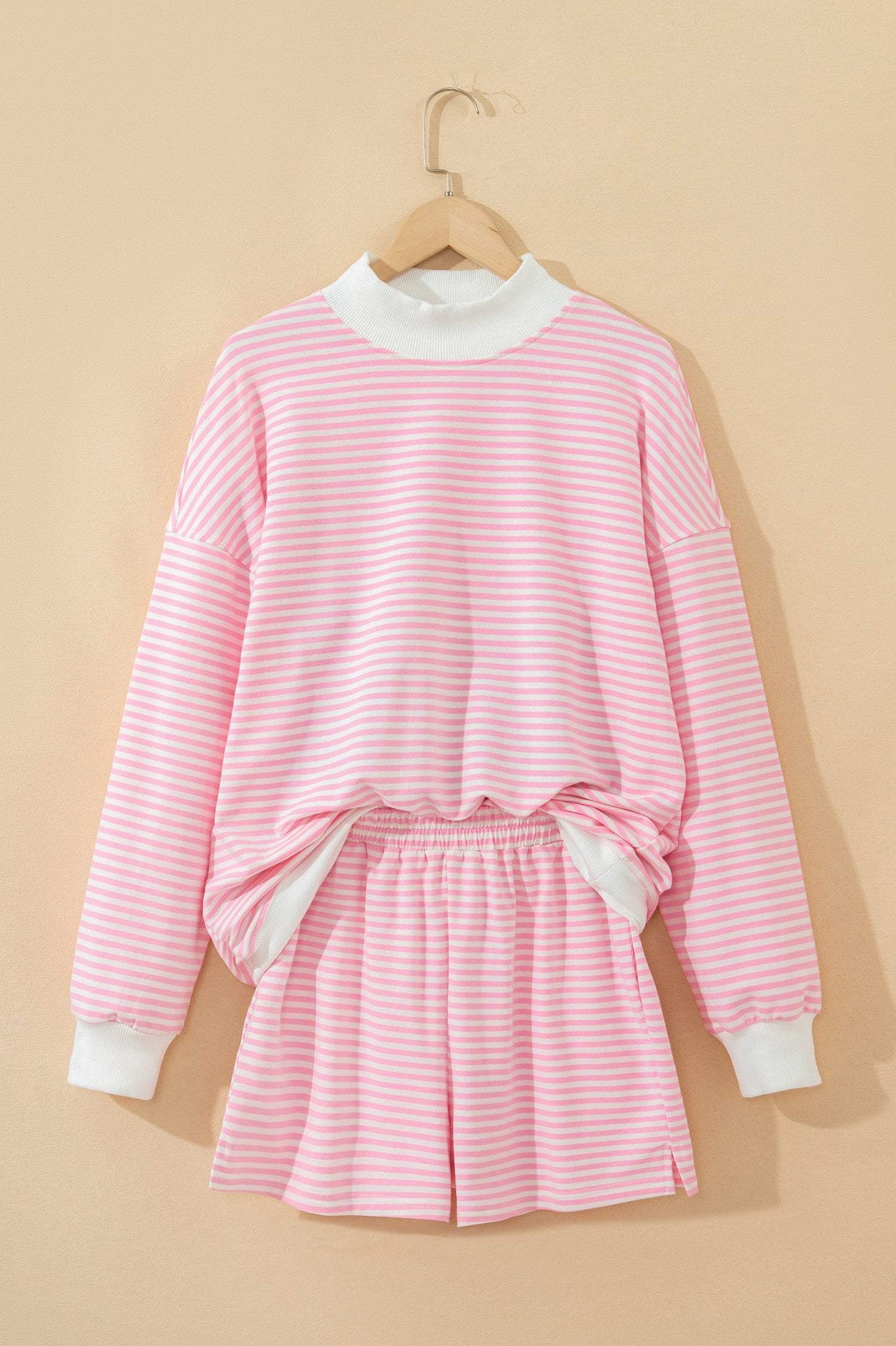 Sky Blue Stripe Oversize Mock Neck Sweatshirt and Shorts Set